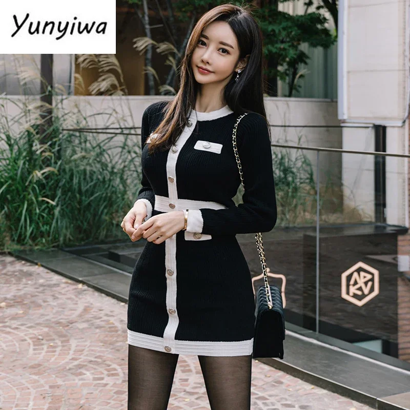 New Knitted Bodycon Long Sleeve dresses for women Fall Mini Sweater Vintage Black Office Korean Short Elegant vestido de mujer