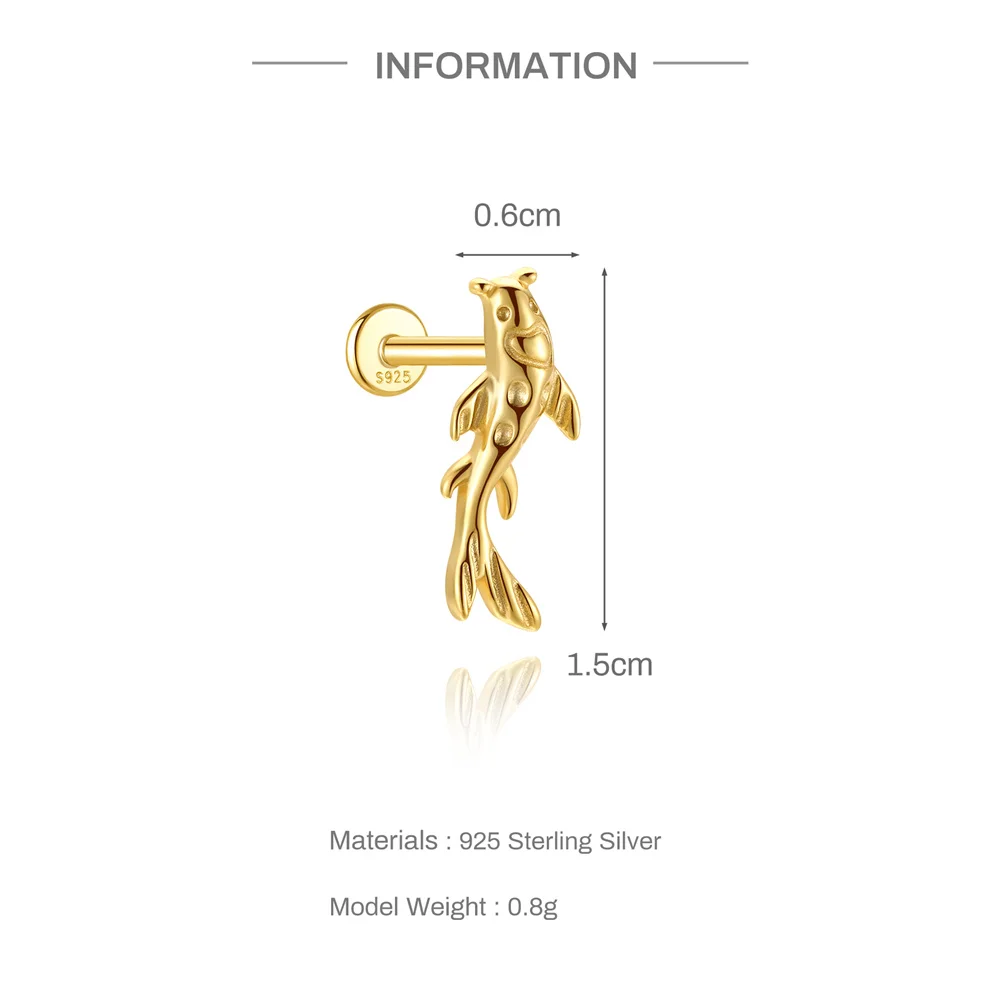 CANNER 1PC 925 Sterling Silver Smooth Goldfish Hammerhead Shark Ear Bone Piercing Earring For Women Four Pointed Star Earrings
