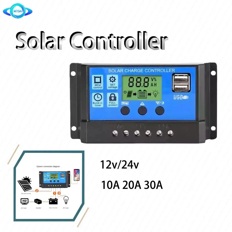 Solar Panel Controller 10A 20A 30A 12V24V Auto Battery Charge Regulator PWM Controller LCD Dual USB for PV Home