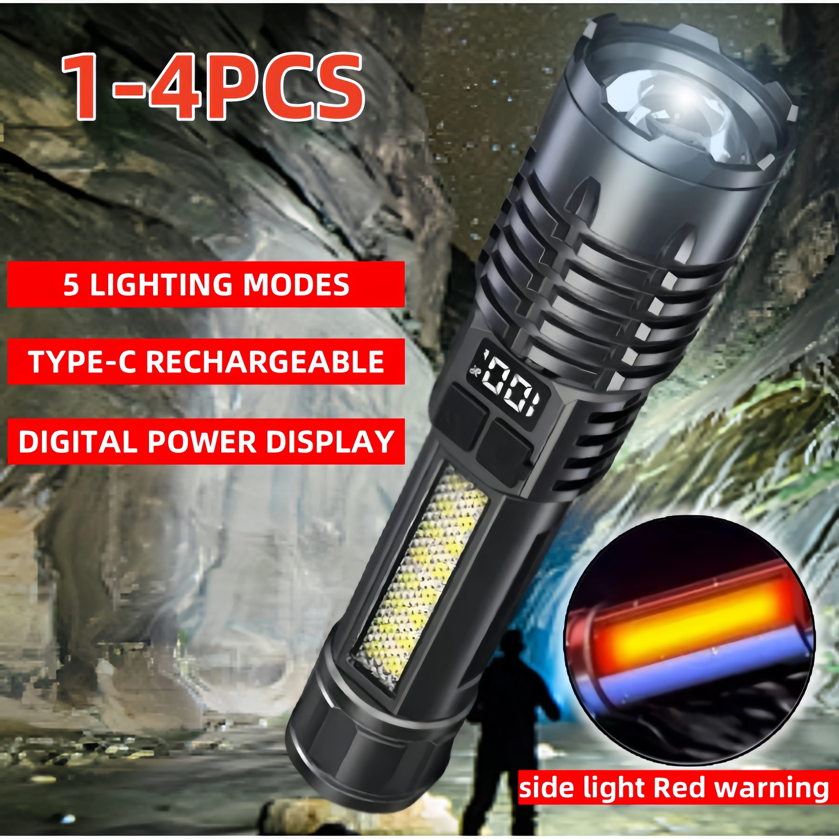  AODTOSIP 1-4Pcs High Power Rechargeable Led Flashlight Strong Tactical Torch with COB Light Zoom Fishing Camping Lantern