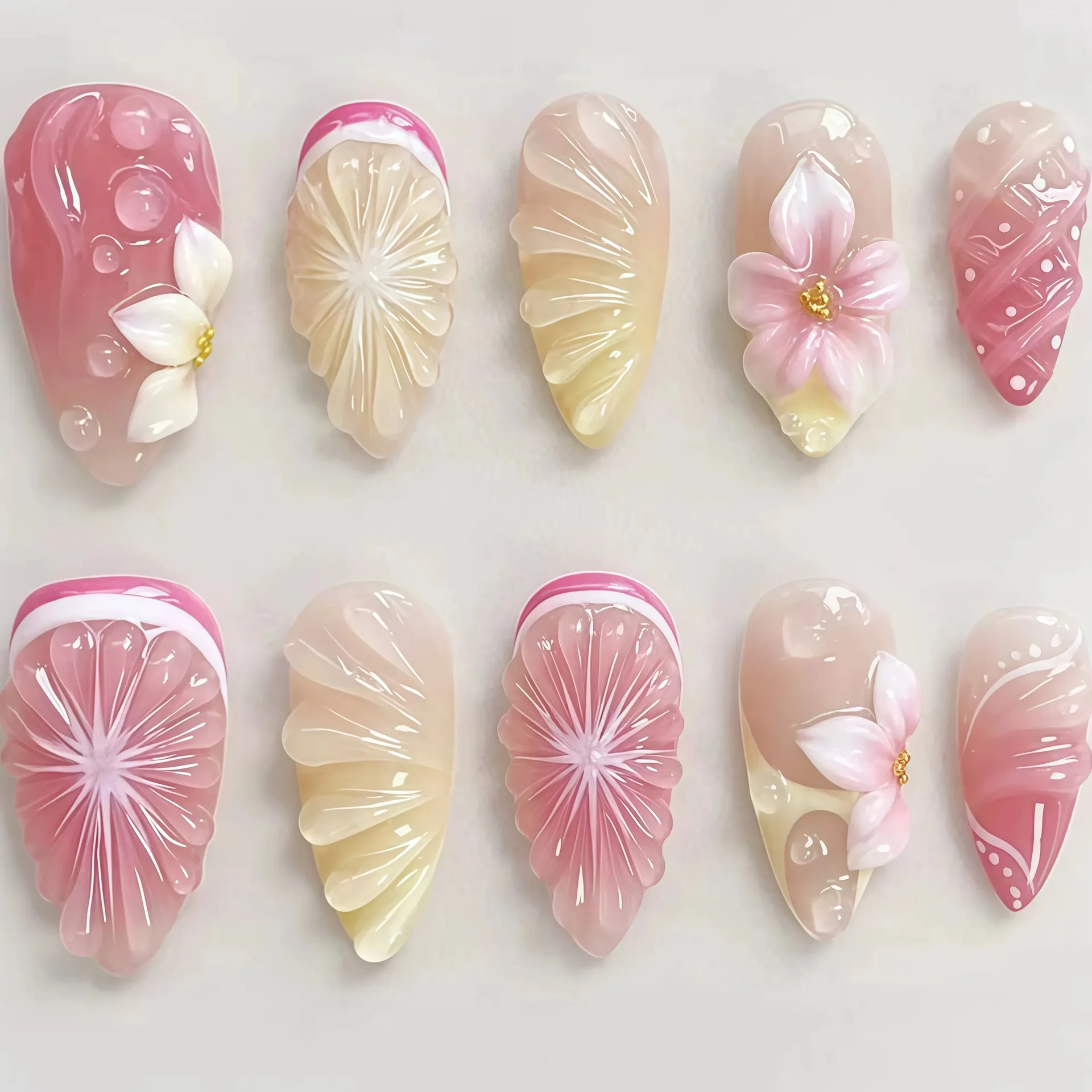 24 Stück 3D Stereoskopische Relief-Kunstnägel in Rosa-Orange mit Farbverlauf, Blumen und Früchte, Mandelform, Frischer Sommer-Look