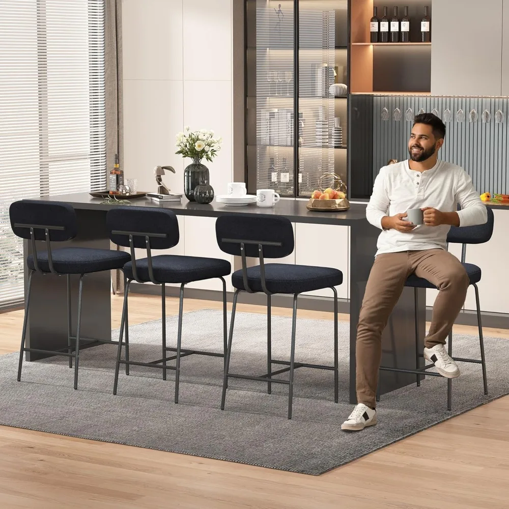 

Counter Height Bar Stools Set of 4, 26" Black Bar Stools with Back and Metal Legs, Fabric Kitchen Counter Stools with Footrest