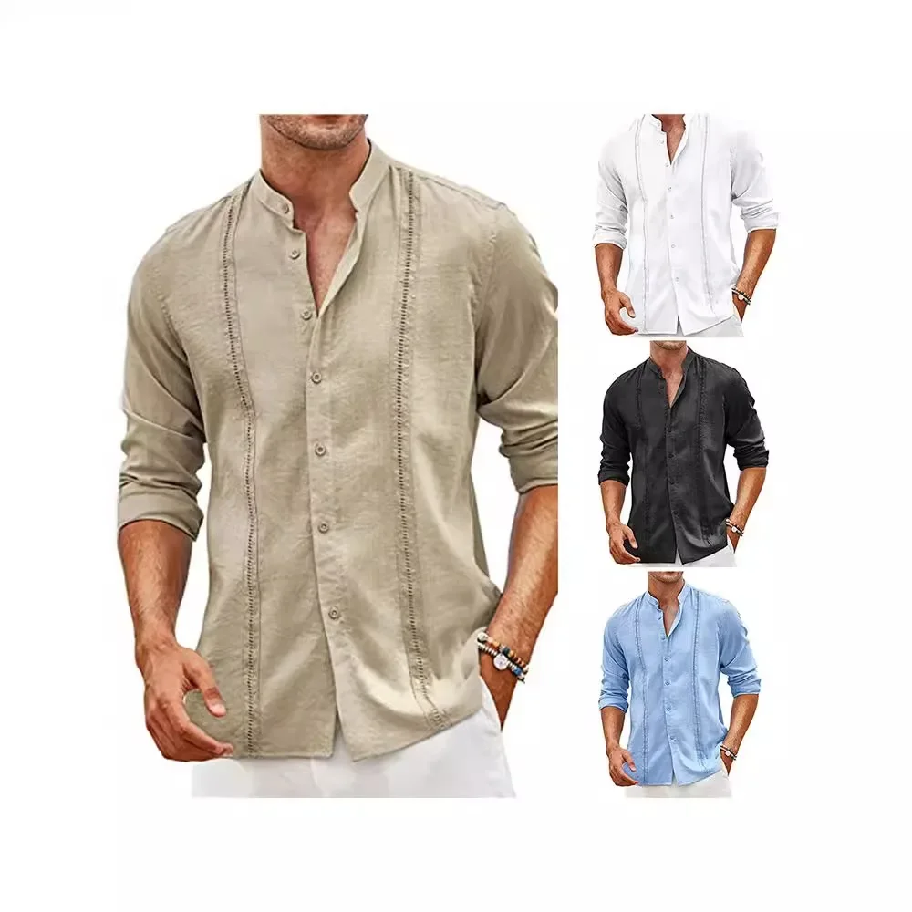 LIBIELIY 2024 Europe And America Men's Cotton Linen Long-sleeved Shirt Stand Collar Fashion Button Summer Casual Beach Holiday S