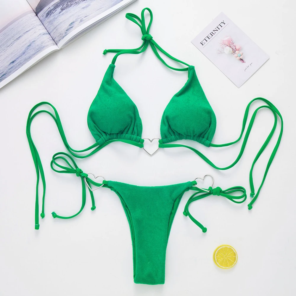 Green String Halter Swimwear Triangle Thong Micro Bikini Set Heart Metal Ring Sexy Swimsuits Women Bathing Suit Bikinis Mujer