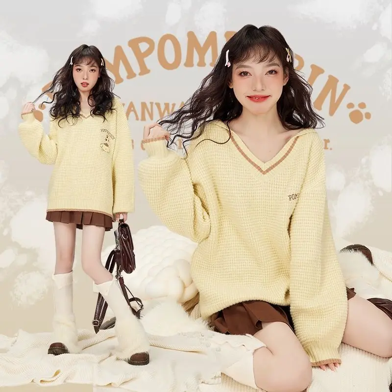 

Sanrio Kuromi My Melody Cinnamoroll Pom Pom Purin свитер женский свободный темно-синий воротник милый пуловер осенний новый милый вязаный топ для девочек