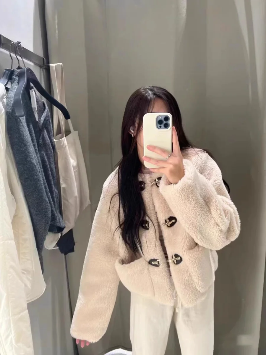 เสื้อโค้ทขนแกะสำหรับผู้หญิง ทรงกลม ตกแต่งด้วยผ้าสีฟ้า ซับในด้วยผ้าขนสัตว์ ทรงหลวม แขนยาว สีฟ้า