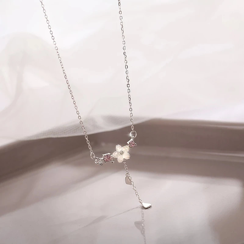 925 Sterling Silver Inlaid Zircon Necklaces for Women Romantic Cherry Blossom Pendant Clavicle Chain Choker Jewelry