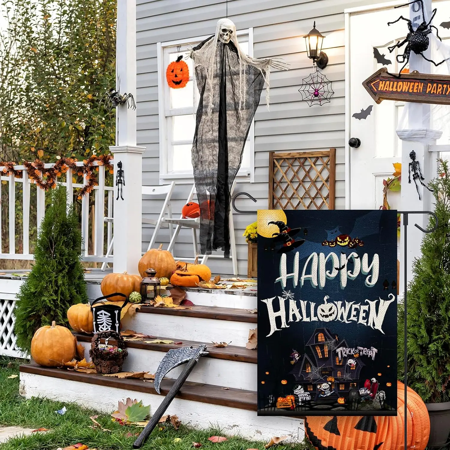 Happy Halloween Garden Flag 12x18 Inch Double Sided Outside, Black Burlap Pumpkinhead Welcome Holiday Yard Outdoor Decorativ SSL