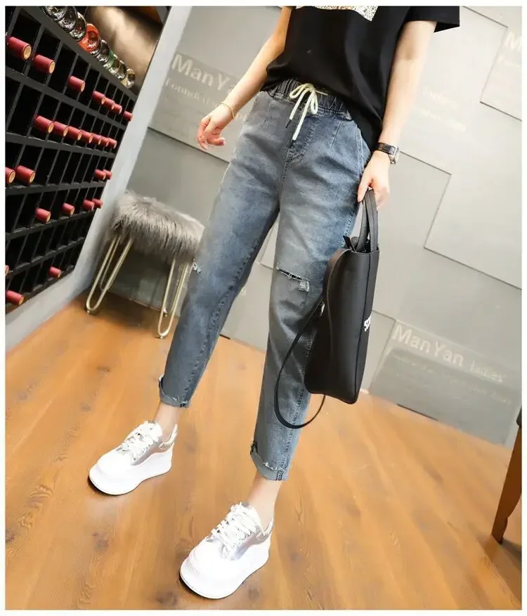 

Y2k2023 New Spring And Autumn Ripped Jeans Female Straight Leg Loose Daddy Pants Small Nine Points Haren Pants