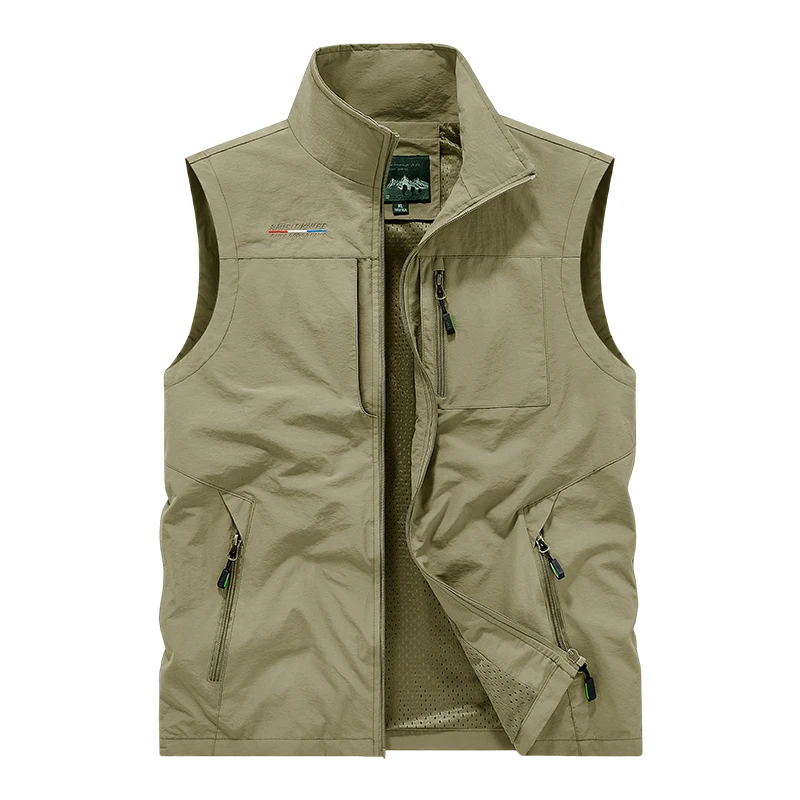 Men Outdoor Multi Pocket Vest Quick Dry Breathable Sleeveless Jacket Men's Fishing Hiking Photography Waistcoat Stand Collar Cas