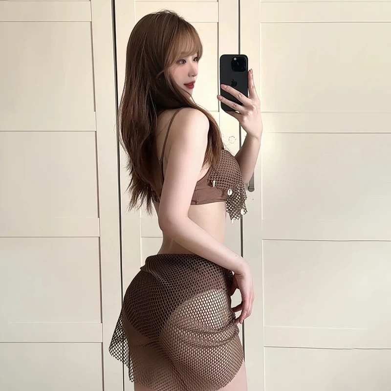 Costume da bagno bikini europeo 2025 da donna Set costume da bagno sexy in due pezzi con copricostume trasparente e lacci regolabili Costumi da bagno tinta unita