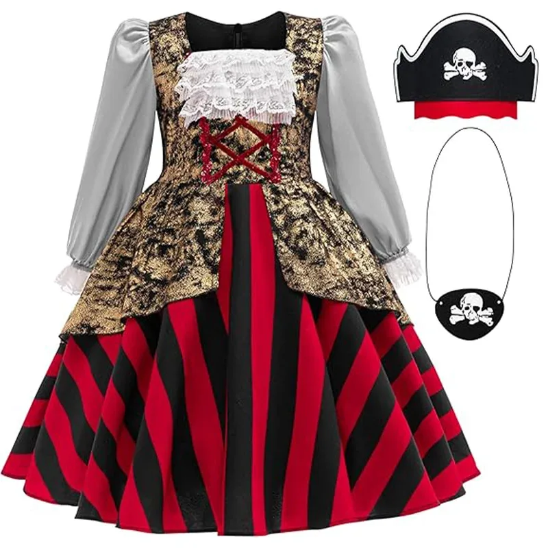 

Kid Buccaneer Costume Pirate Princess Dress+Eye Mask+Headband Female Child Clothes For Girls Halloween Carnival Cosplay Outfits