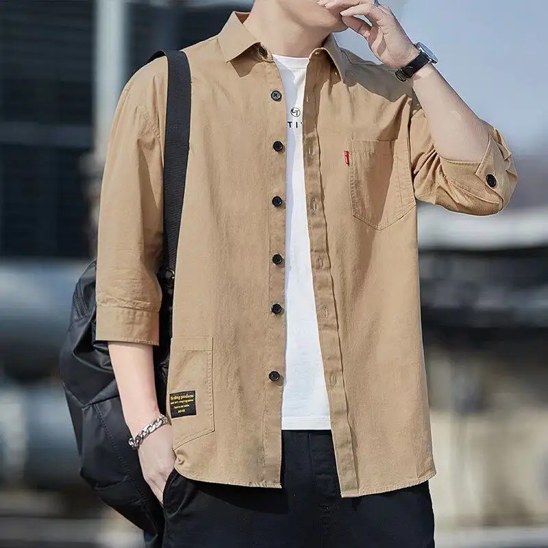 

Quick Dry Summer Workwear Shirt Half Sleeve Loose Fit Thin Material Wear Resistant Stain Resistant Open Cardigan Style Male Top