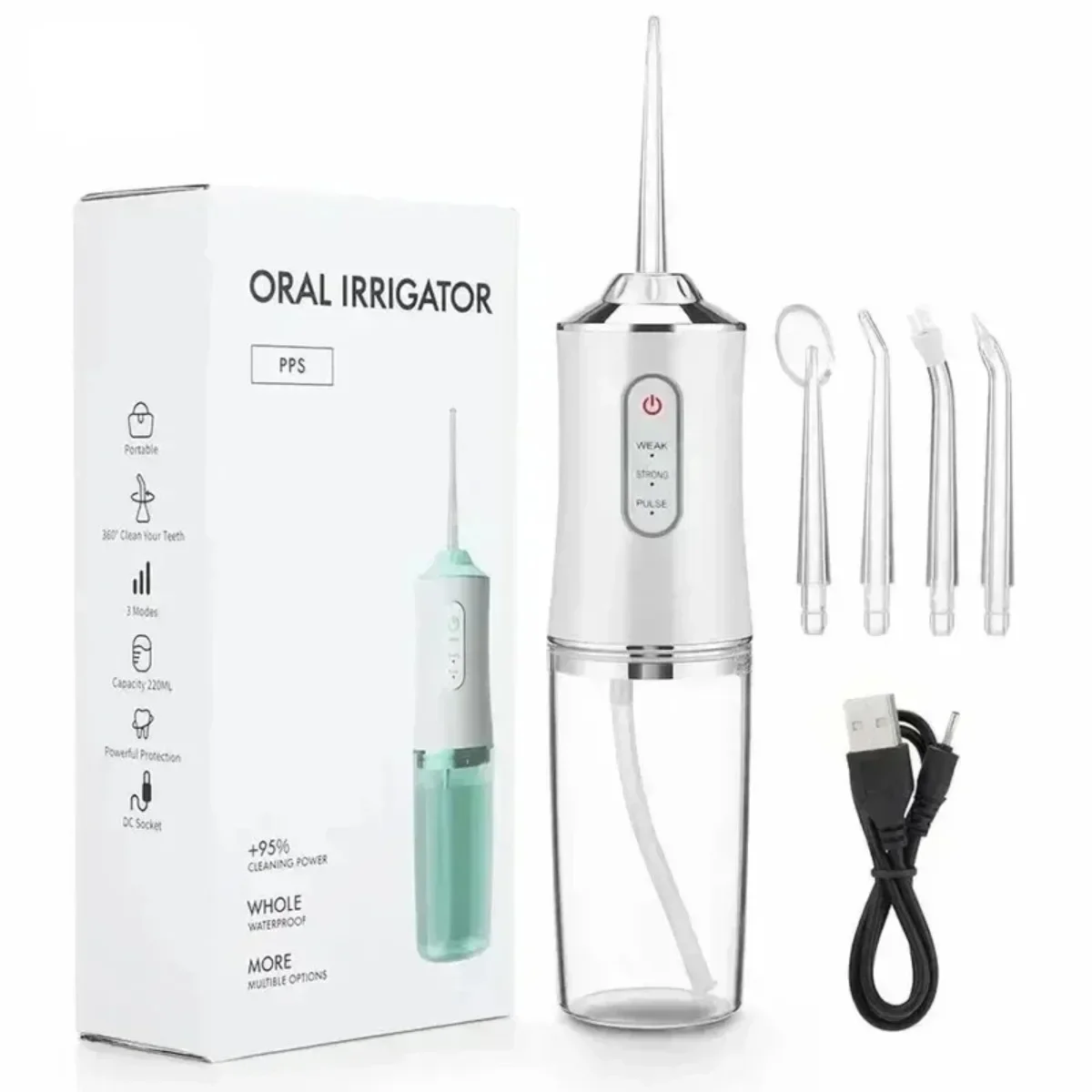 

Oral Irrigator Portable Dental Flosser USB Rechargeable Jet Floss Tooth Pick 4 Jet Tip 220ml 3 Modes Teeth PH260