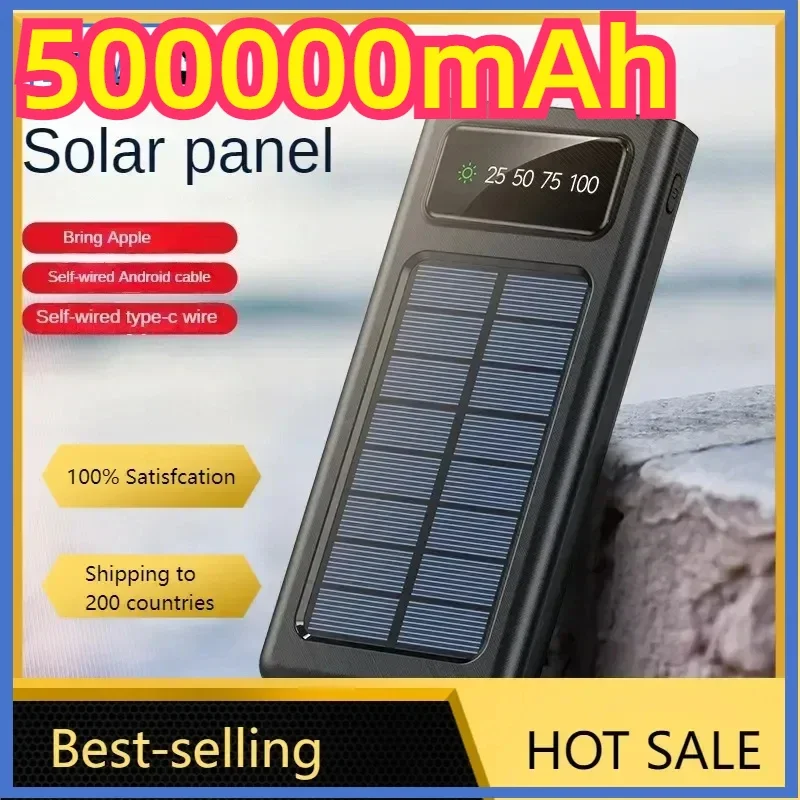 500000MAH Solar Power Bank, Convenient Ultra-thin Built-in Cable, Outdoor Camping Mobile Power Supply BCAK 200000mAh 300000mAh