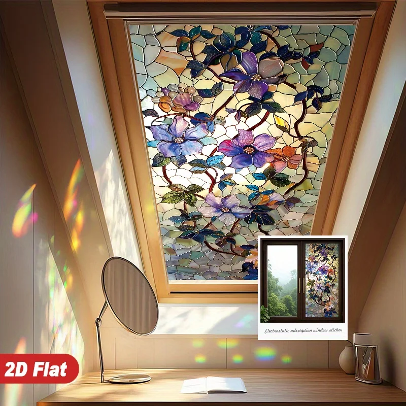 1 Roll 2D Floral Mosaic Static Cling Window Film Size 45x100cm Vintage Floral Mosaic Print Elegant And Beautiful