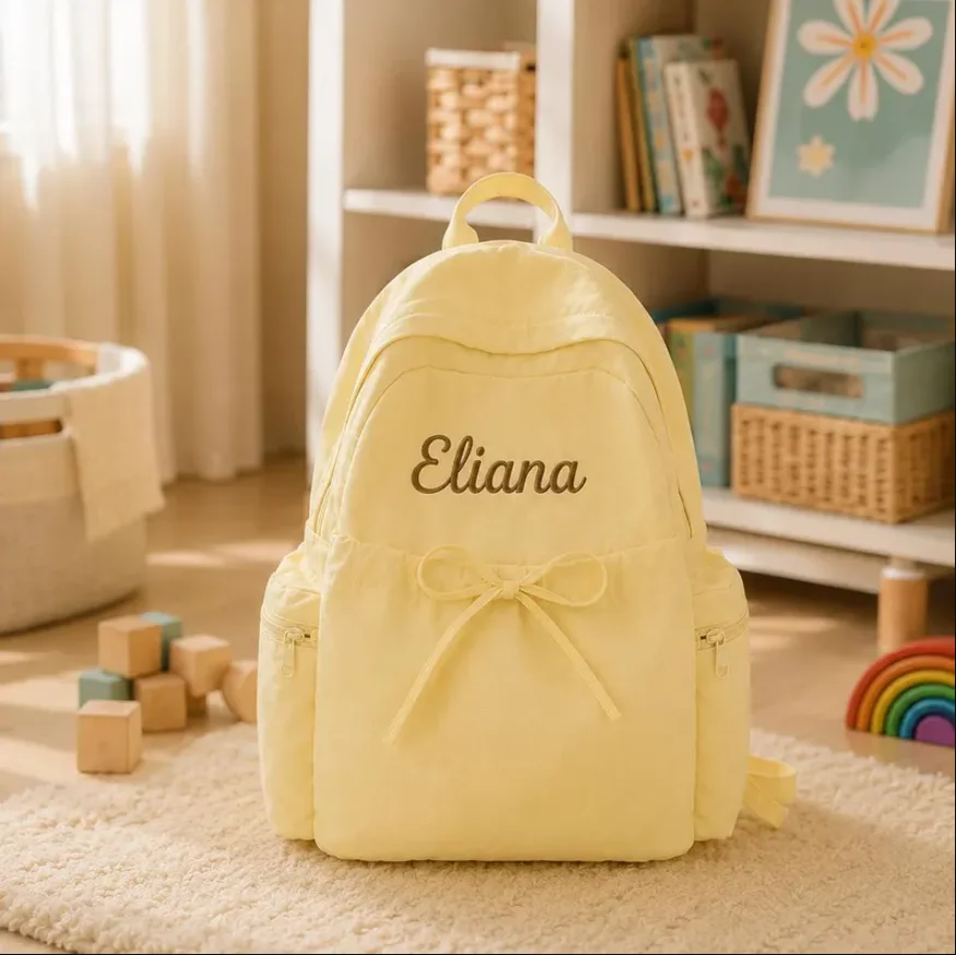 Custom Embroidered Name Backpack, Personalized Nylon Bow Bag, Kids School Daycare Travel Backpack, Birthday Gift for Girls