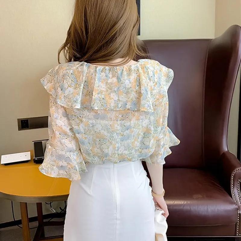 Women's Floral Chiffon Shirt 2022 Summer New Fashion Ruffle Short Sleeve Top Korean Elegant All-Match Bow Blouse Female Clothing