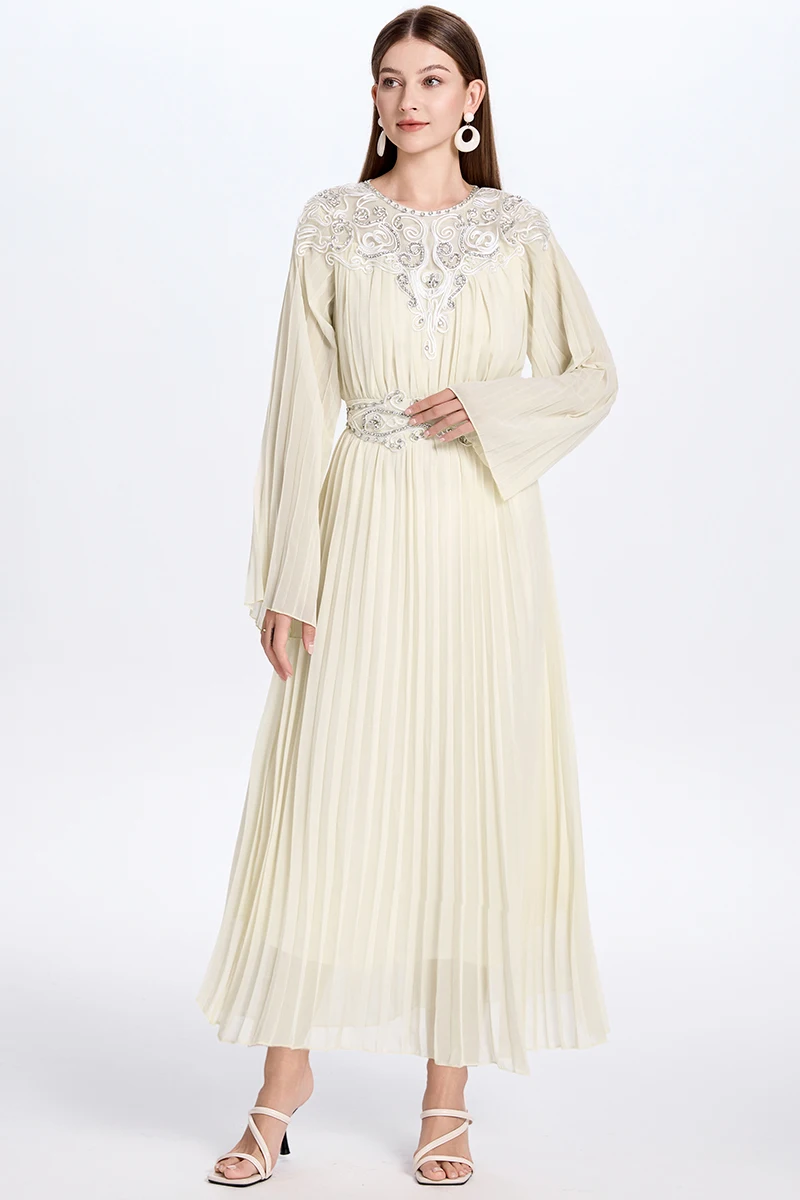 

Бутик прессованных плиссированных платьев для женщин, осень 202, роскошное свободное длинное платье ручной работы с расклешенными рукавами и поясом, женское