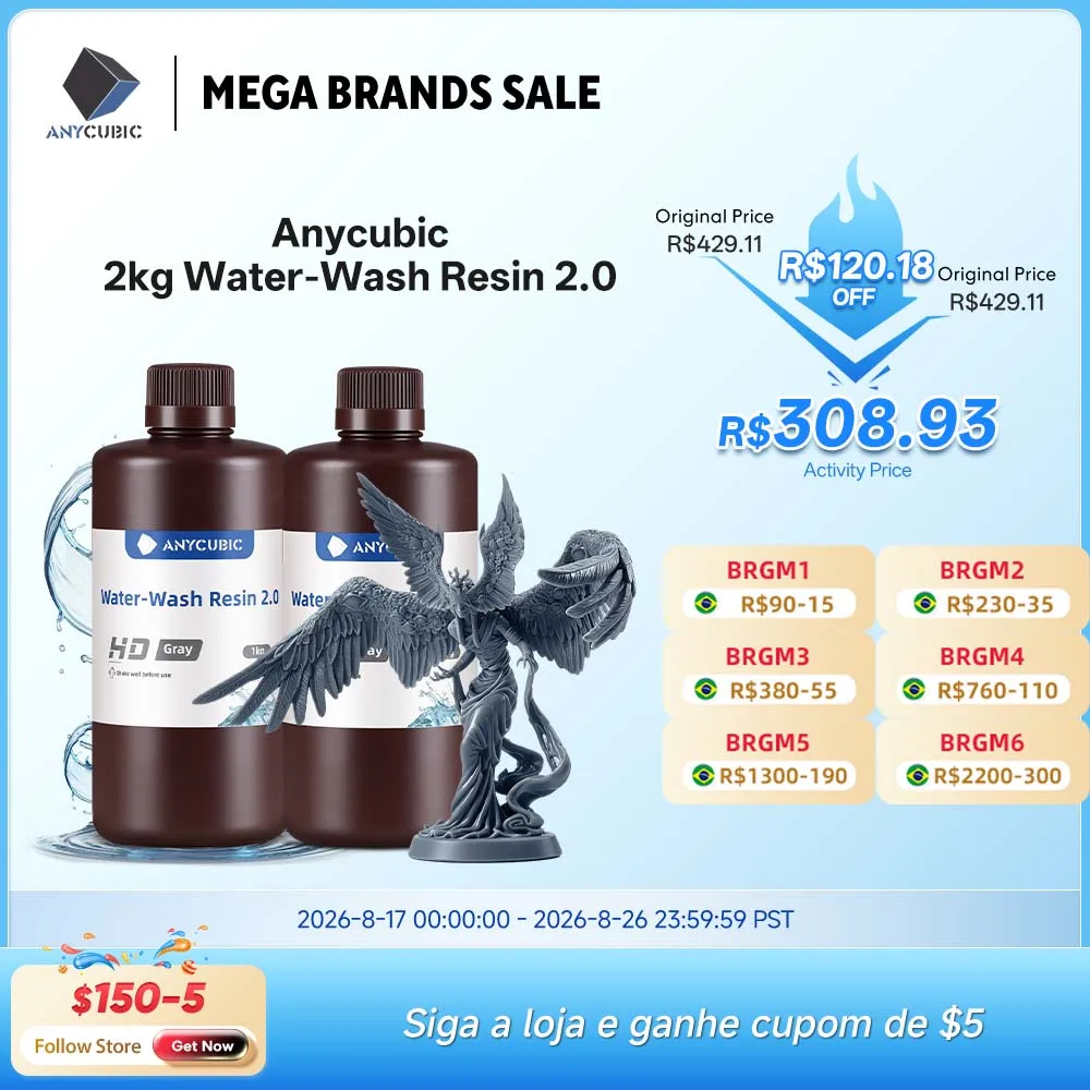 Resina de lavagem de água ANYCUBIC para impressora 3D LCD de alta precisão, baixo odor, baixa viscosidade, impressão 3D, fotopolímero padrão