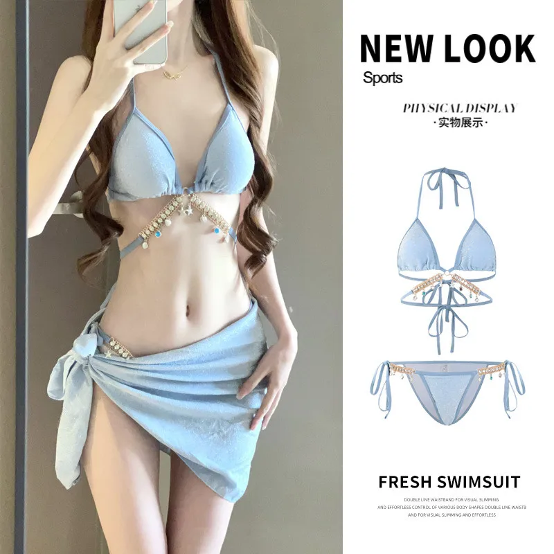 Swimwear Woman 2025 Sexy Bikini Set with 3pcs/set Fresh Split Swimsuit Diamond Chain Lacing Low Waist Hot Spring Beach Dress