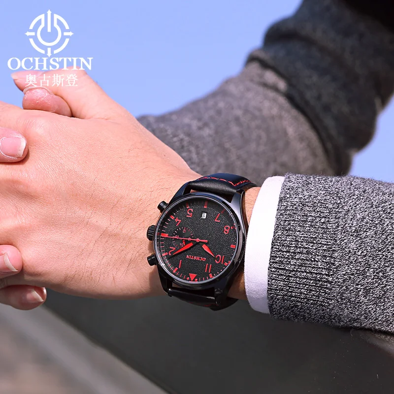 OCHSTIN Горячая распродажа: Мужские наручные часы с ремешком из натуральной кожи / плетеного нейлона, многофункциональные, с кварцевым механизмом, для повседневного и делового стиля