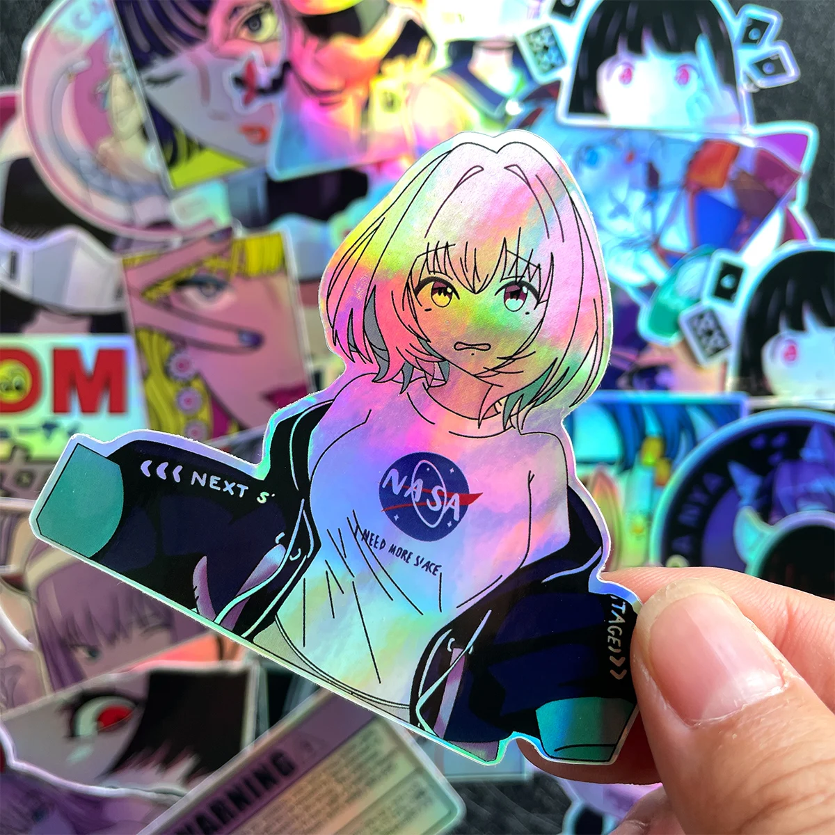 32개 레이저 애니메이션 뷰티 스티커 미적 그래피티 데칼 오토바이 자동차 자전거 헬멧 JDM 로고 액세서리 DIY 스티커 팩