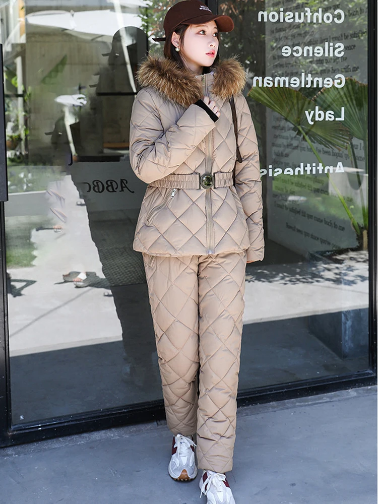 Winter Faux Fur Collar Hood Parkas Coats 2 Piece Sets Thicken Slim Jackets Suits Super High Waist Down Cotton Pants Warm Outfits