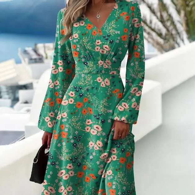  Autumn New Women's Dress Elegant and Slim Fit Fashion Print Dress V-neck Long Sleeve Dress