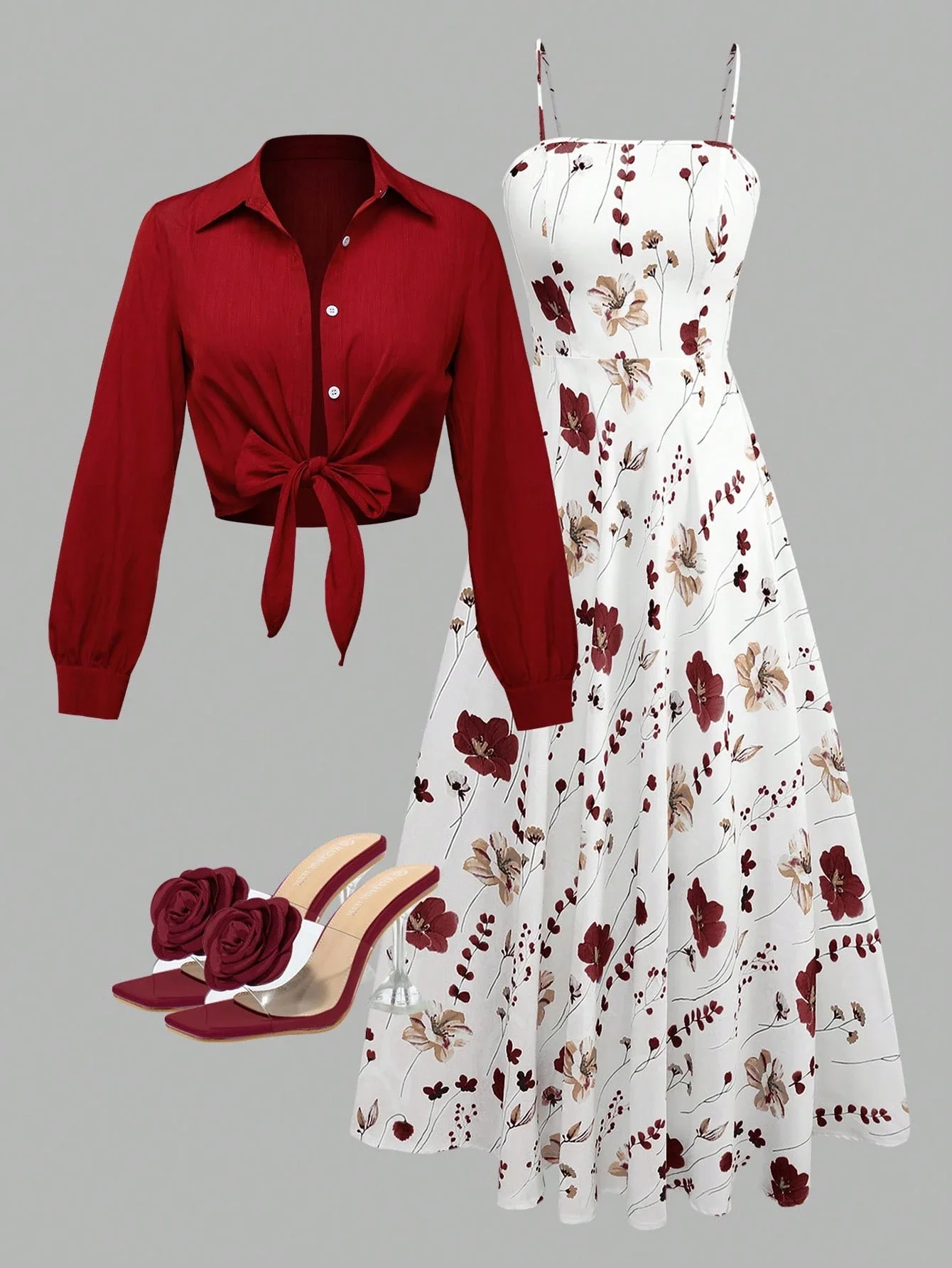 

Women's Floral Print Long Sleeve Two-Piece Set With Knotted Top And Midi Dress