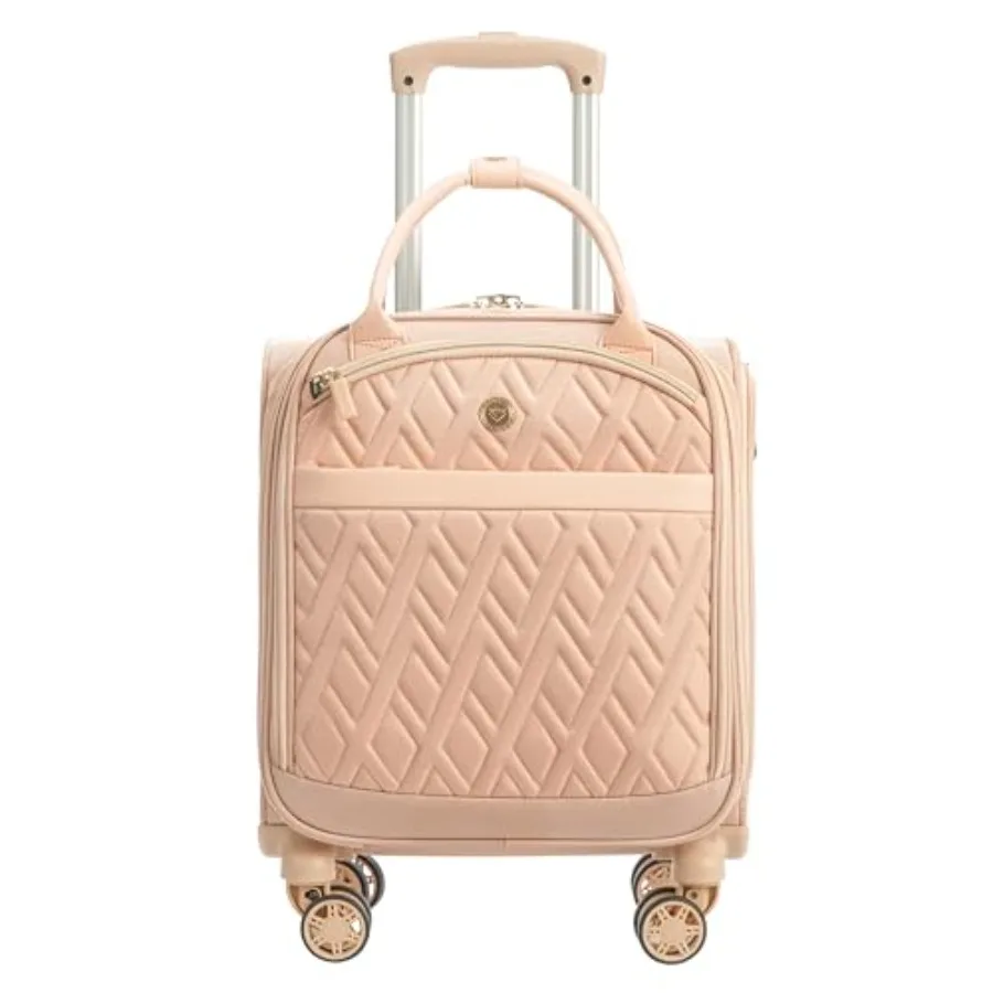 

Underseat carry-on luggage for airplane personal item use, polyester, blush pink, spinner wheels, USB AC charging port, padded