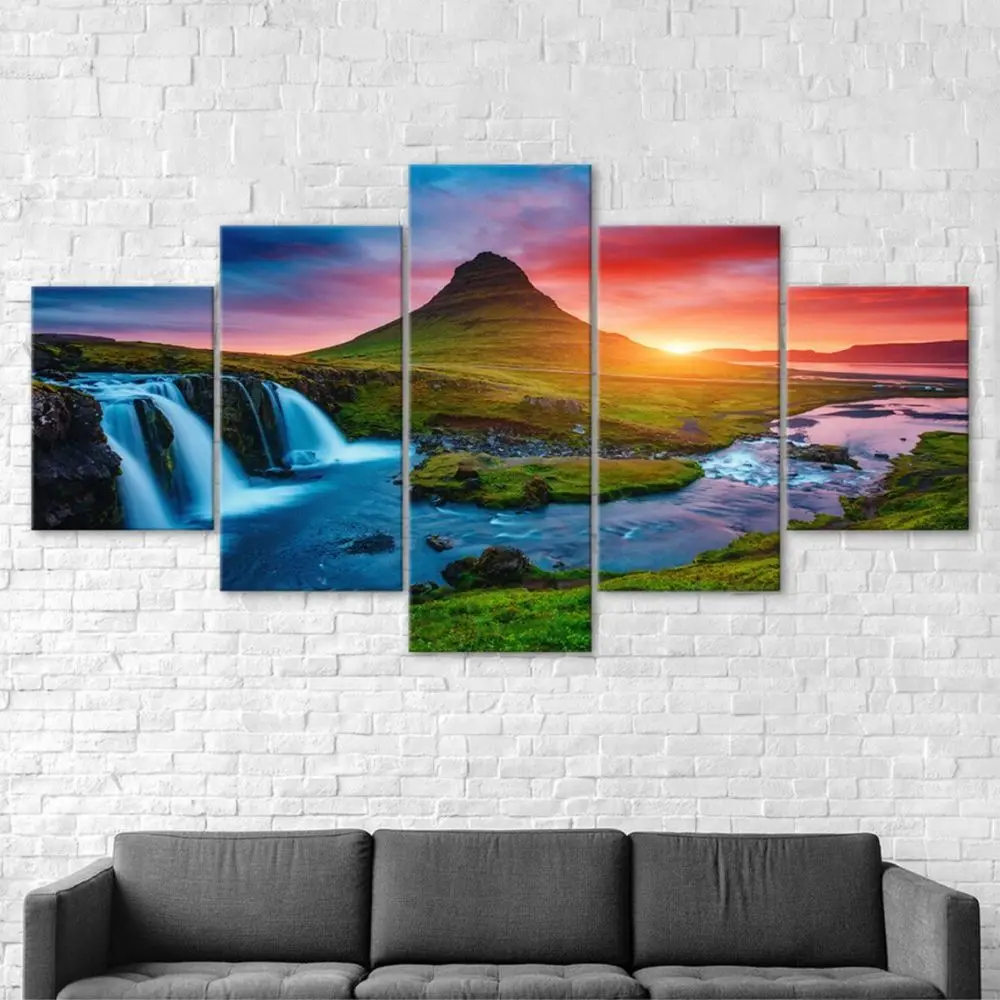 مجموعة فنية جدارية من القماش مكونة من 5 قطع، مشهد غروب الشمس المهيب، طراز آرت ديكو الكلاسيكي، ملصق رسم بالحبر بدون إطار، داخلي/خارجي #1