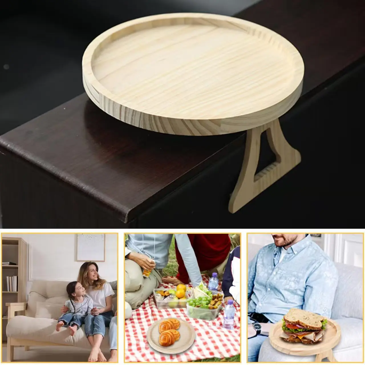

Sofa Tray Table Sofa Armrest Clip-On Tray Natural Wooden Sofa Tray Practical TV Snack Tray for Remote Control Coffee Snacks