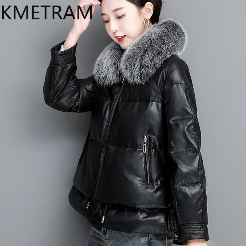 KMETRAM jaket kulit asli untuk wanita, jaket mantel kulit asli musim dingin 90% warna putih Duck Down Liner kerah persegi longgar pas untuk wanita