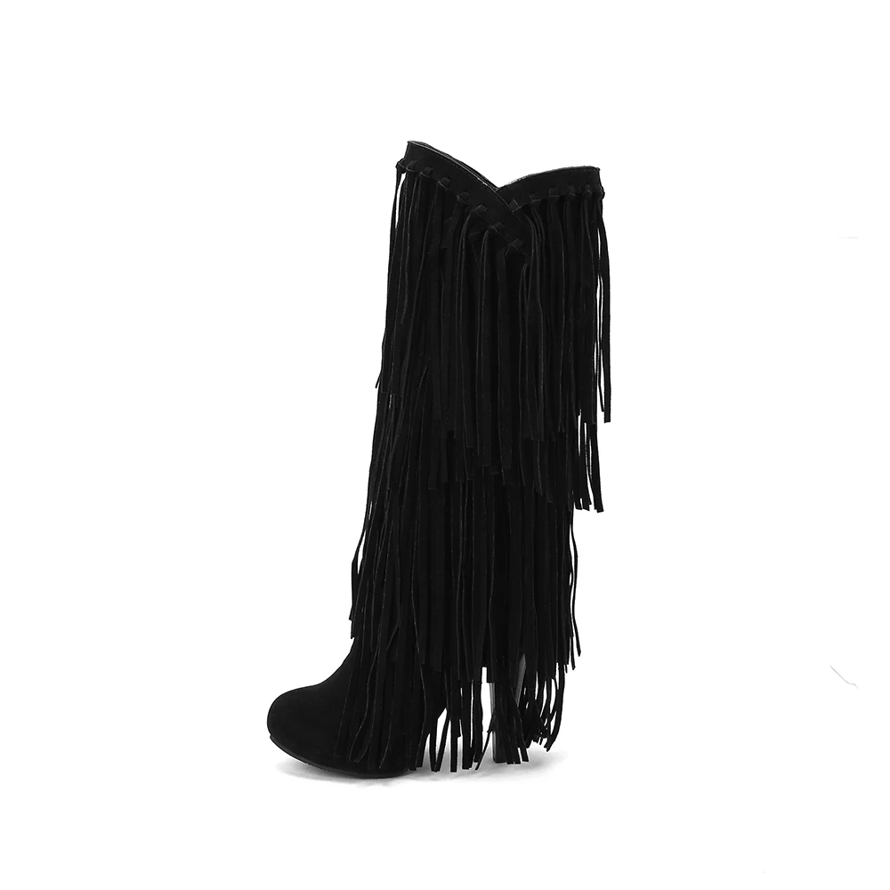 New Sweet Pink Black Women Knee High Tassel Boots Fashion 4 Inch High Heel Lady Shoes Plus Small Big Size 10 32 43
