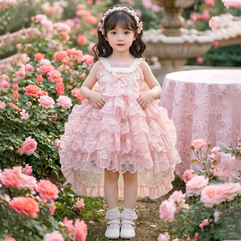 

Girls Princess Heavy Industry Lace Cake Dress Sweet Lolita Birthday Puff Dress Children Summer Pink Color Sweet Bow Dress