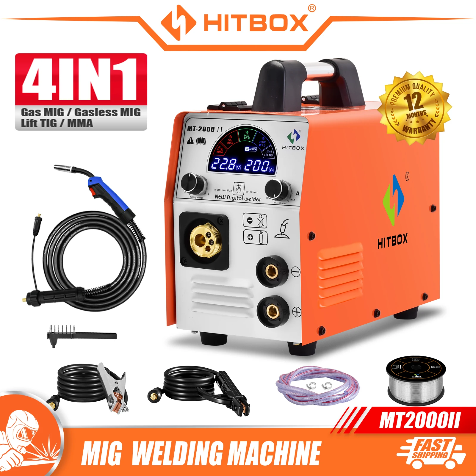 HITBOX-Machine à souder MIG MT2000II 4 en 1, sans gaz, CO2, avec protection contre le gaz, tension unique 220V ~ 240V MMA Lift TIG