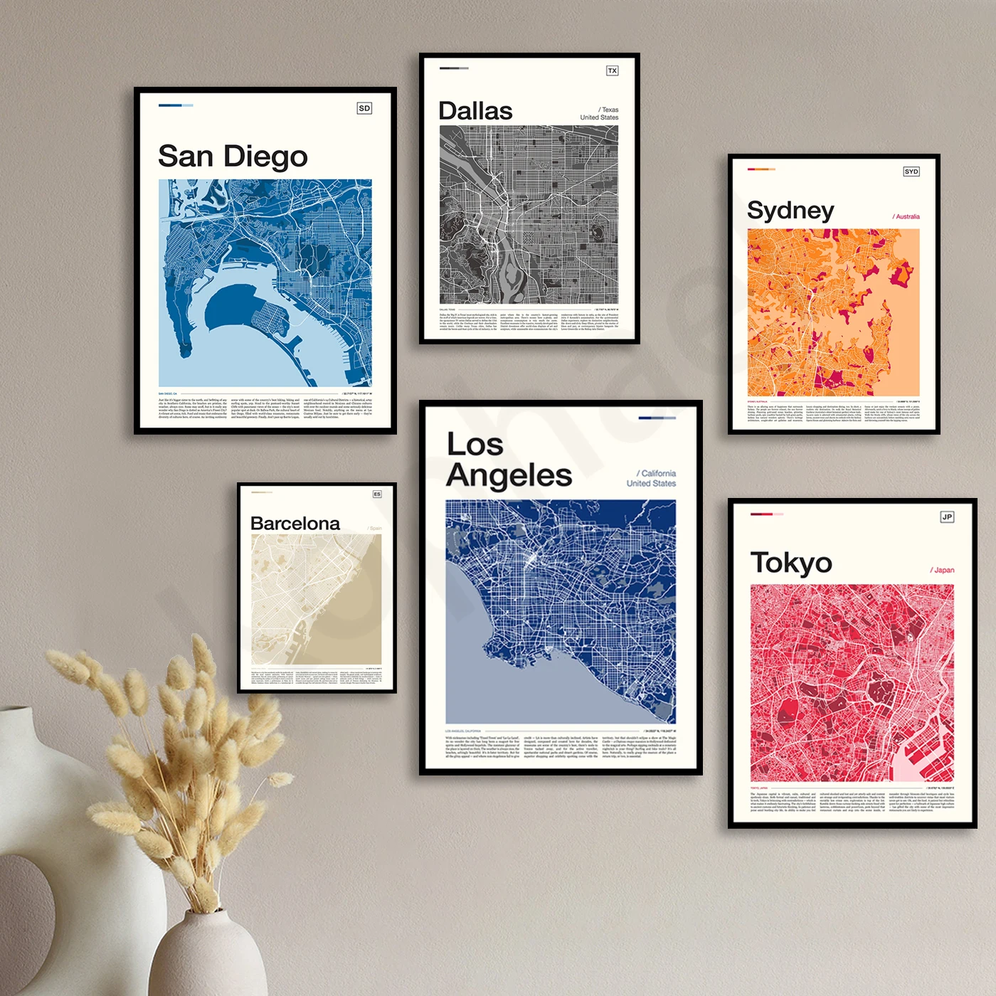 Los Angeles Barcelona Tokyo Sydney Dallas San Diego Atlanta Seoul Chicago Portland. City Travel Map Poster