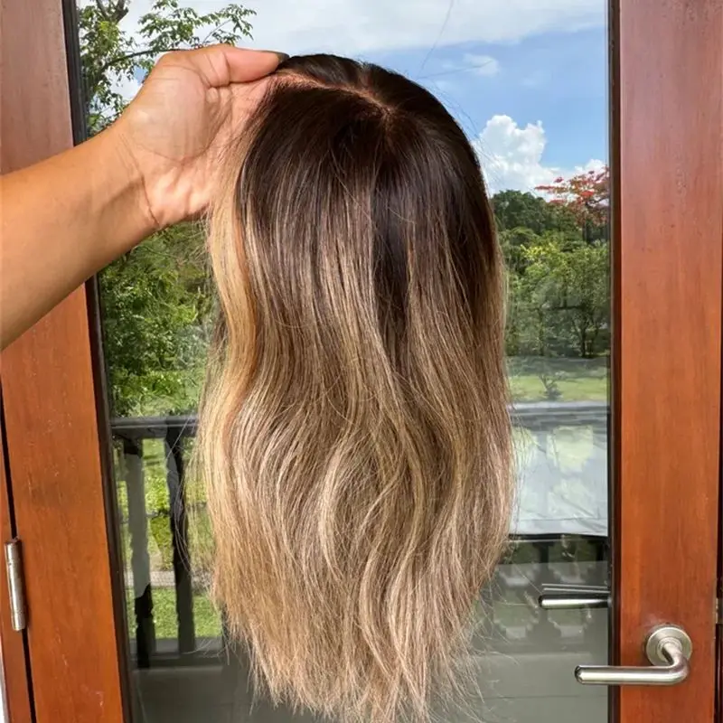 

High Quality Wigs 12 Inch Ombre Honey Brown Balayage Human Hair Blend Wig Soft HD Lace Front Wig with Black Roots Synthetic Wig