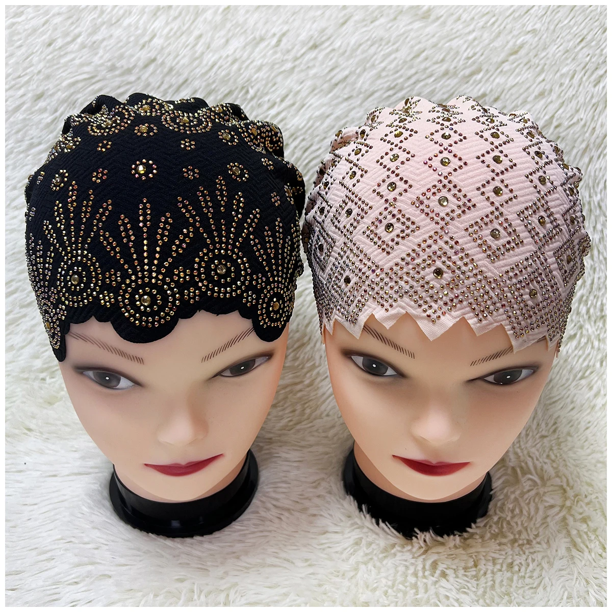 6/12 Pieces Wholesale Order Fashion Muslim Female Turban Hat Velvet Hot Rhinestone Solid Indian Beanie Hair Bonnet Cap For Women