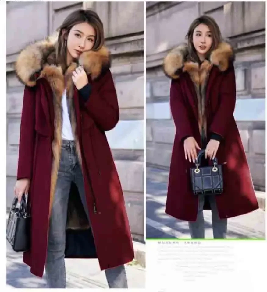 

New Knee-length Hooded Loose Slim Female Raccoon Fur Coat Lined with Detachable Fur Warm and Casual Coat Female 5XL Parka Winter