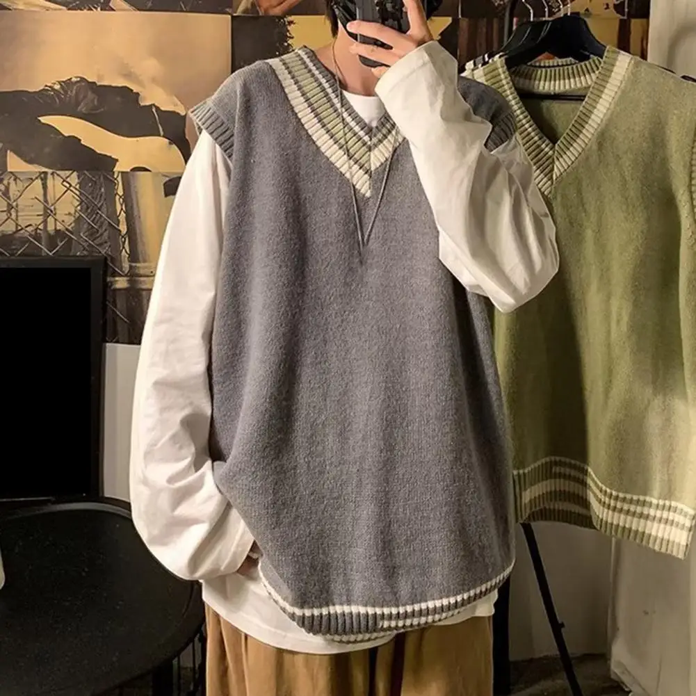 

Men Asymmetrical Pattern Sweater Colorblock Knitted V Neck Vest Sweater for Men Mid Length Pullover Preppy Business Style