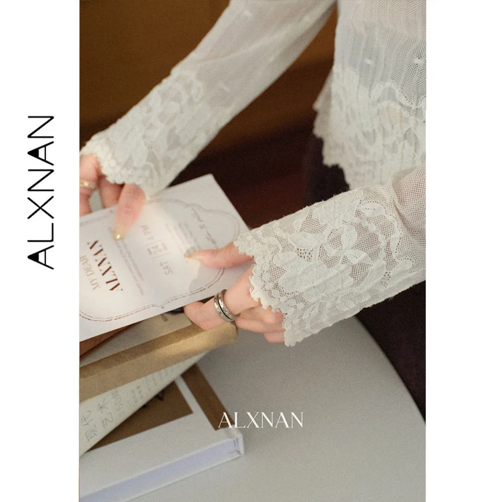 ALXNAN White Long Sleeve Lace Pullover Women 2026 Autumn Thin Ruffle Trim Undershirt Base Layer Sheer Top Female L68526
