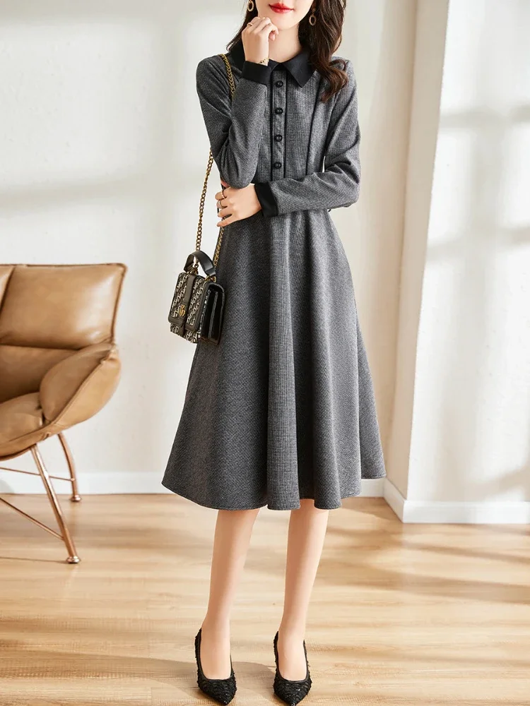 2024 New High Quality Women Button Tweed Fabric Dress Autumn Winter Patchwork Long Sleeve Ladies Office Midi Vestidos With Belt