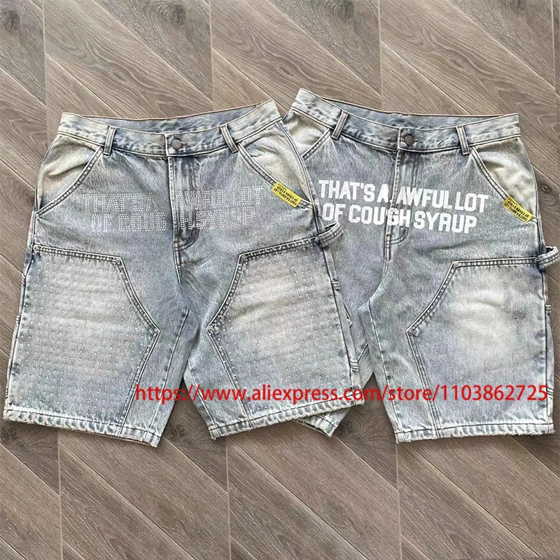 

Street Trend THAT'S A AWFUL LOT OF COUGH SYRUP Denim Shorts Hot Diamond Printed Washed Cough Syrup Casual Shorts