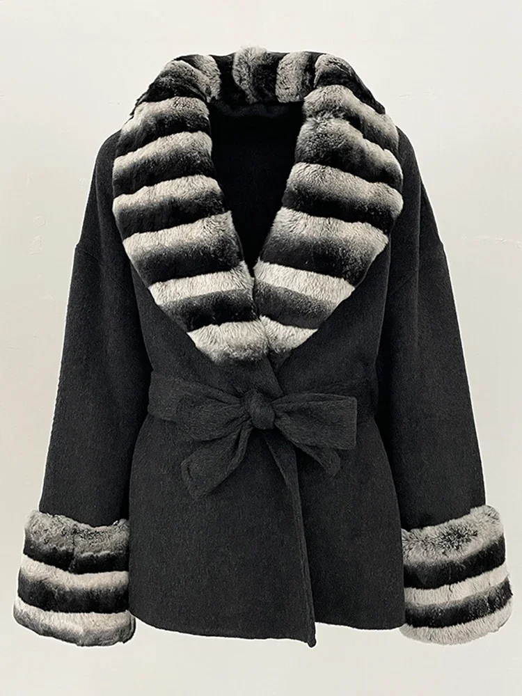 Femmes mode manchette courte manteau de fourrure col de fourrure laine vêtements d'extérieur2025 nouvelle veste de fourrure de lapin Rex naturel femme manteau de laine