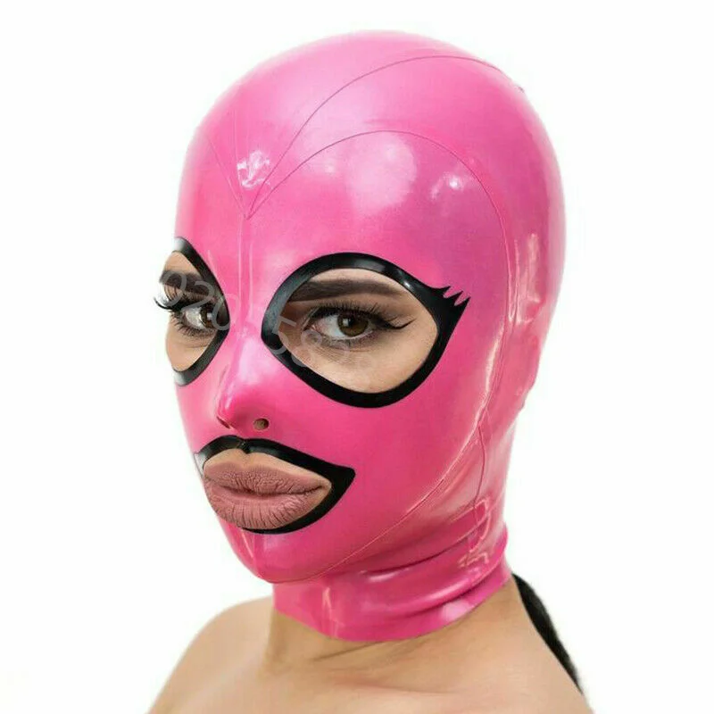 Natural Latex Hood Mask Cosplay Pink Latex Hood Open Beautiful Eyes and Mouth With Trims Back Zipper Rubber Mask Club Wear