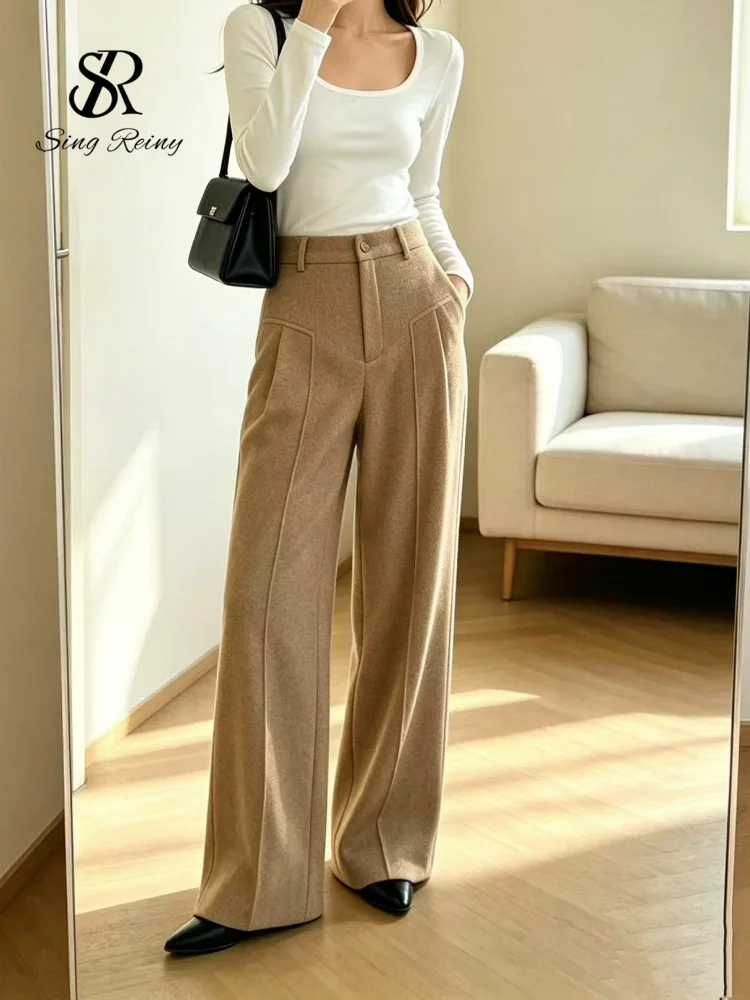 SINGREINY 2026 Wool Casual Daily Pants Women Office Lady Pockets Straight-Leg Thick Britches Homewear Cashmere Warm Trousers