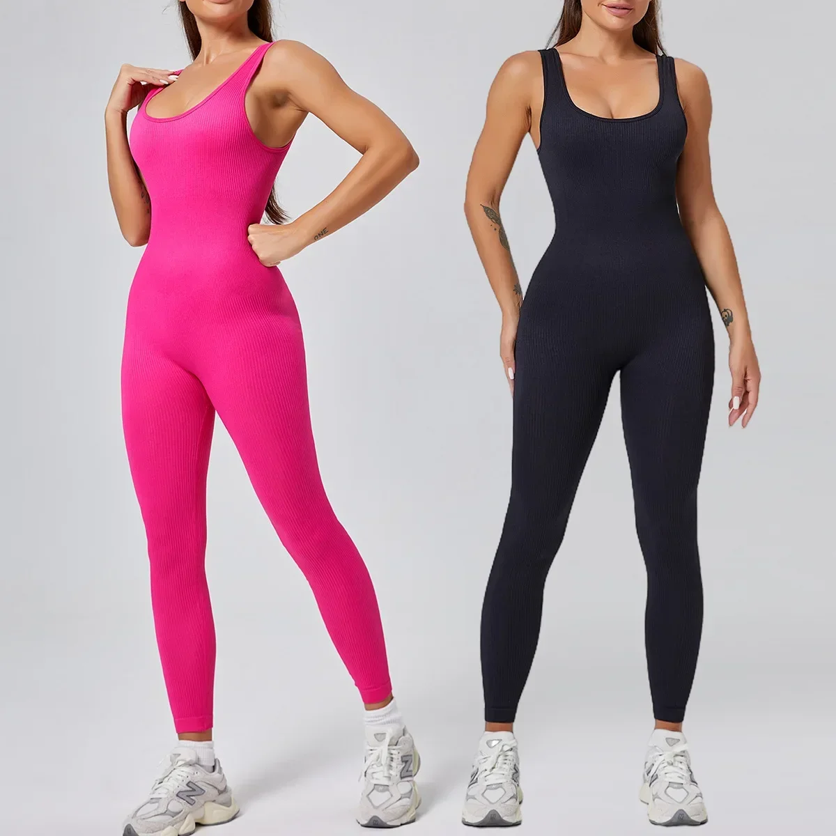 

Threaded Yoga Jumpsuit Sports Fitness Belly Lift Hip Slim Breathable U-Neck Pants Jumpsuit Workout Clothes Gym Set for Women