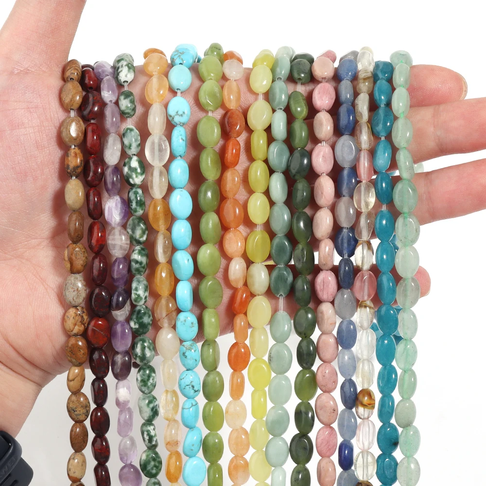 45pcs/lot 8x6mm Oval Flat Stone Beads Agate Crystal Coral Aquamarine Green Aventurine Beads For Jewelry Making DIY Accessories view 2